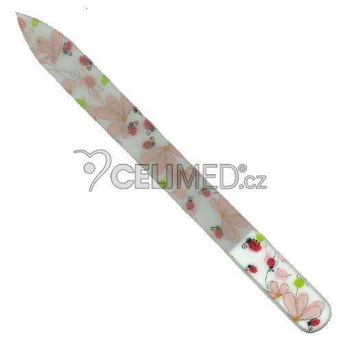 050 Pilník skleněný s potiskem růžové květy, berušky, 135 mm